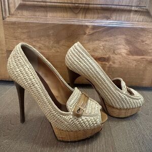 Burberry Tan Woven Peep-Toe Wedges